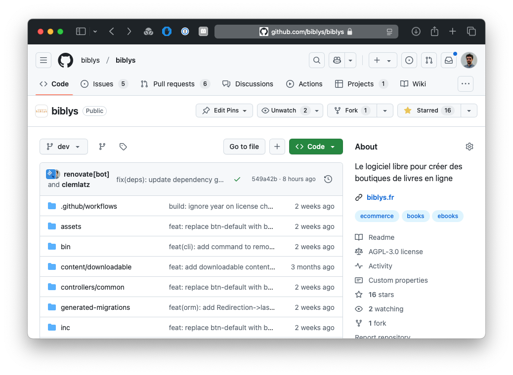 Le dépôt Github de Biblys