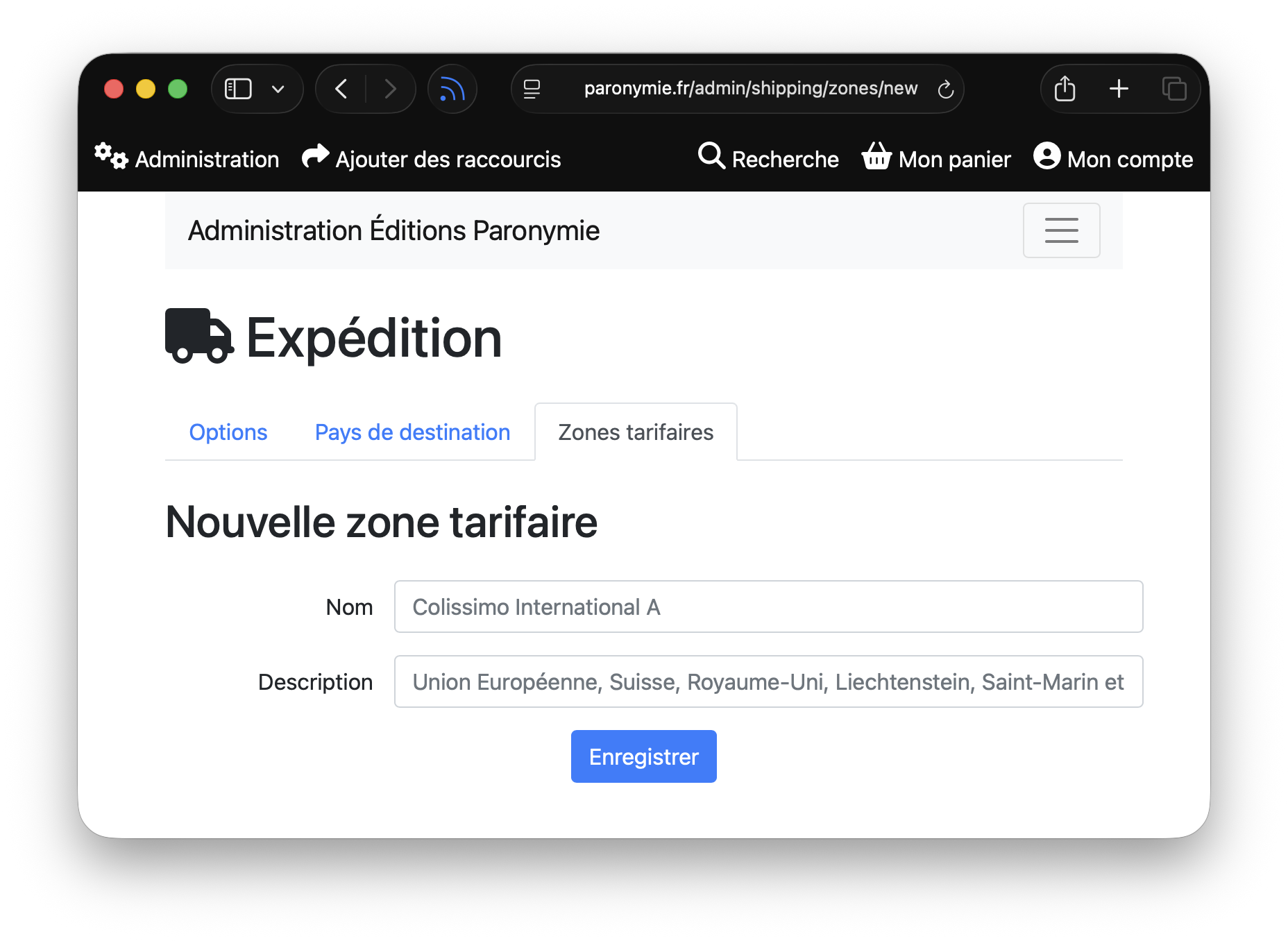 La page de création d'une nouvelle zone d'expédition